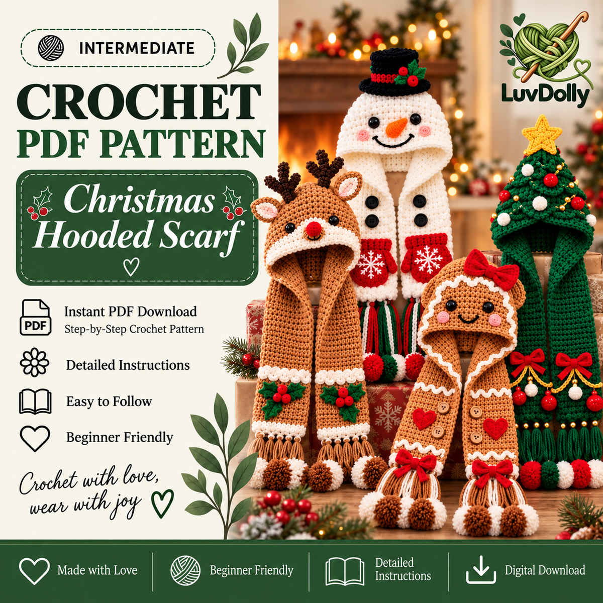 4-in-1 Christmas Hooded Scarf Crochet Pattern PDF | Reindeer Snowman Gingerbread Tree Scarf