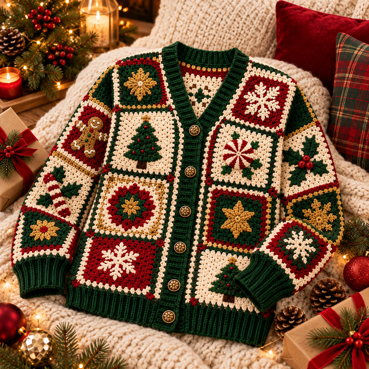 Christmas Granny Square Cardigan Crochet Pattern PDF | Holiday Patchwork Sweater | Snowflake Tree Gingerbread Crochet Cardigan | Sizes XS–3XL | Digital Download