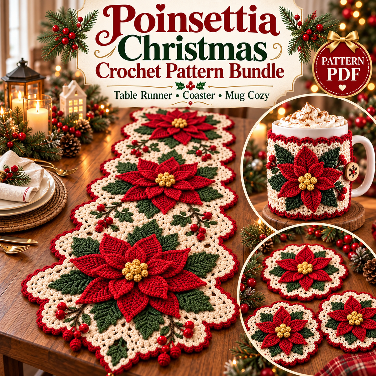 Poinsettia Christmas Crochet Pattern Bundle PDF | Table Runner, Mug Cozy & Coaster Set | Holiday Home Decor | Digital Download