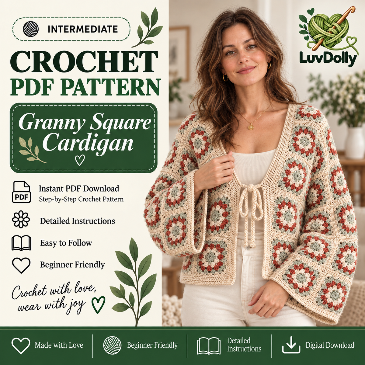 Granny Square Cardigan Crochet Pattern PDF | Floral Tie-Front Women’s Cardigan | Made-to-Measure Crochet Jacket | Digital Download