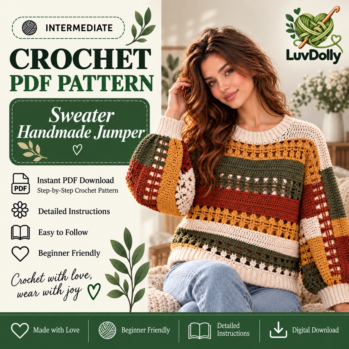 Easy Crochet Sweater Pattern PDF | Women’s Pullover Jumper | DIY Handmade Sweater Digital Download