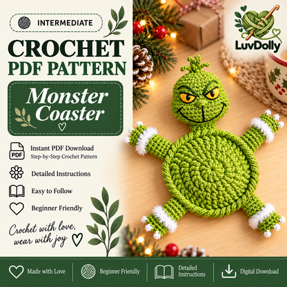 Holiday Monster Coaster Crochet Pattern PDF | Green Christmas Character Mug Rug | Whimsical Winter Decor | Instant Digital Download