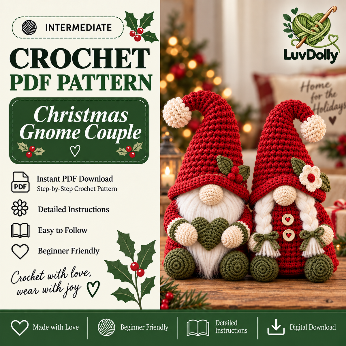 Christmas Gnome Couple Crochet Pattern PDF | Male & Female Amigurumi Shelf Sitters | Holiday Home Decor | Instant Digital Download