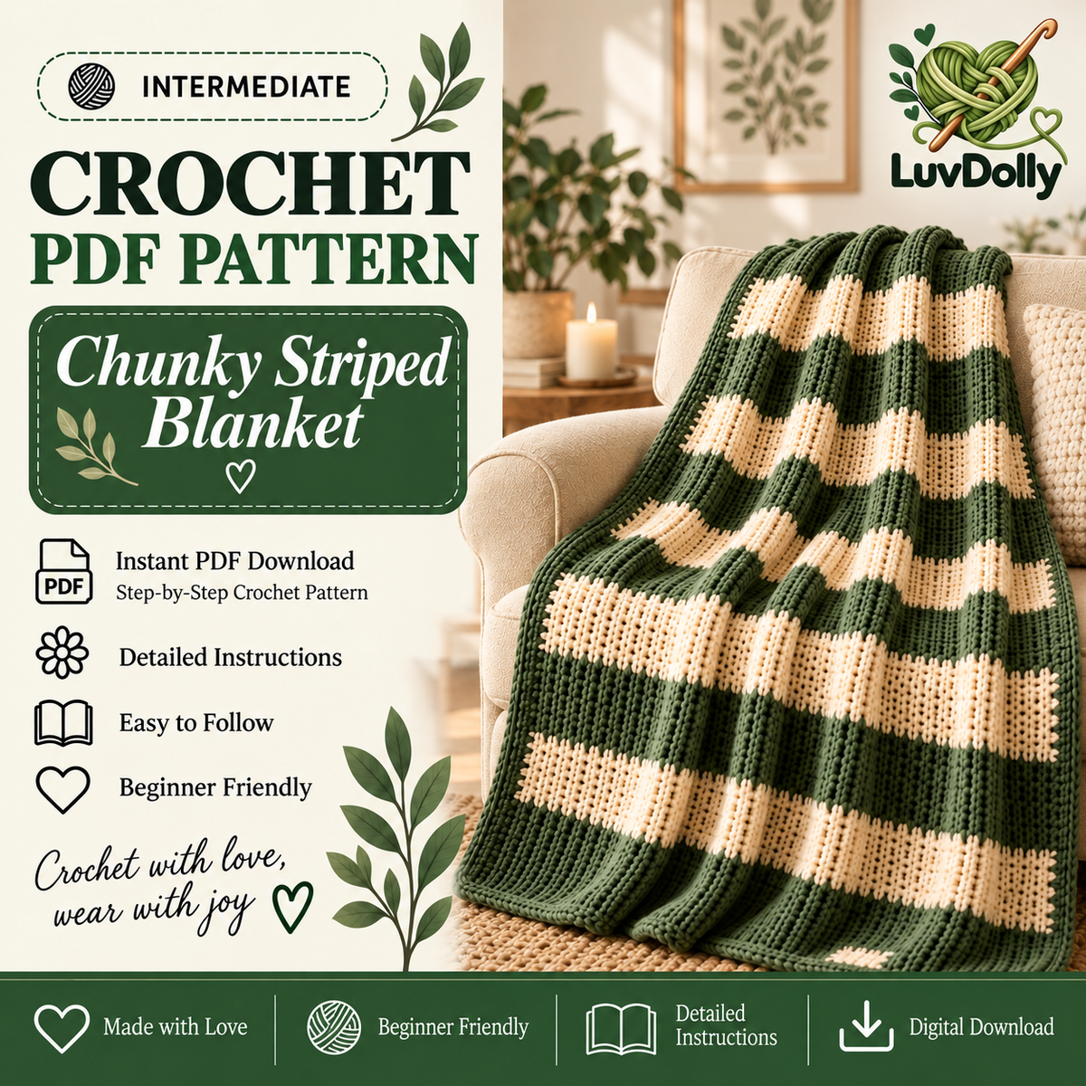Chunky Striped Crochet Blanket Pattern PDF | Cozy Beginner Throw Blanket | Green & Cream Home Decor | Easy Digital Download