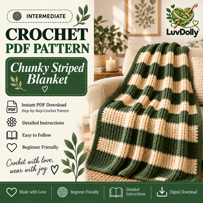 Chunky Striped Crochet Blanket Pattern PDF | Cozy Beginner Throw Blanket | Green & Cream Home Decor | Easy Digital Download