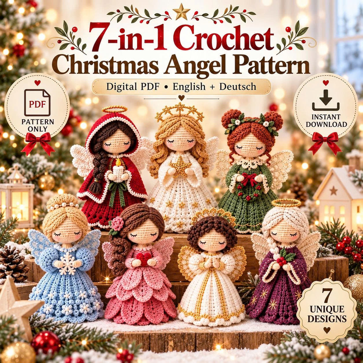 7-in-1 Christmas Angel Crochet Pattern Bundle PDF | Amigurumi Angel Dolls & Holiday Decor | English + German Digital Download