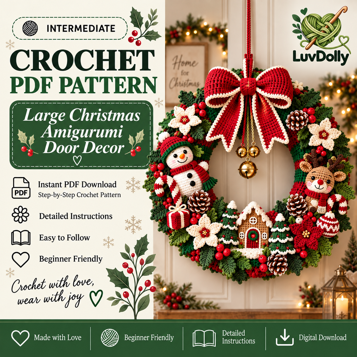 Christmas Crochet Wreath Pattern PDF | Large Amigurumi Holiday Door Decor | Snowman Reindeer Wreath | Festive Christmas Decoration