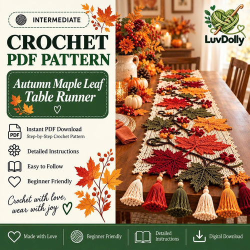 Autumn Maple Leaf Table Runner Crochet Pattern PDF | Fall & Thanksgiving Table Decor | Crochet Leaves, Berries & Tassels | Digital Download
