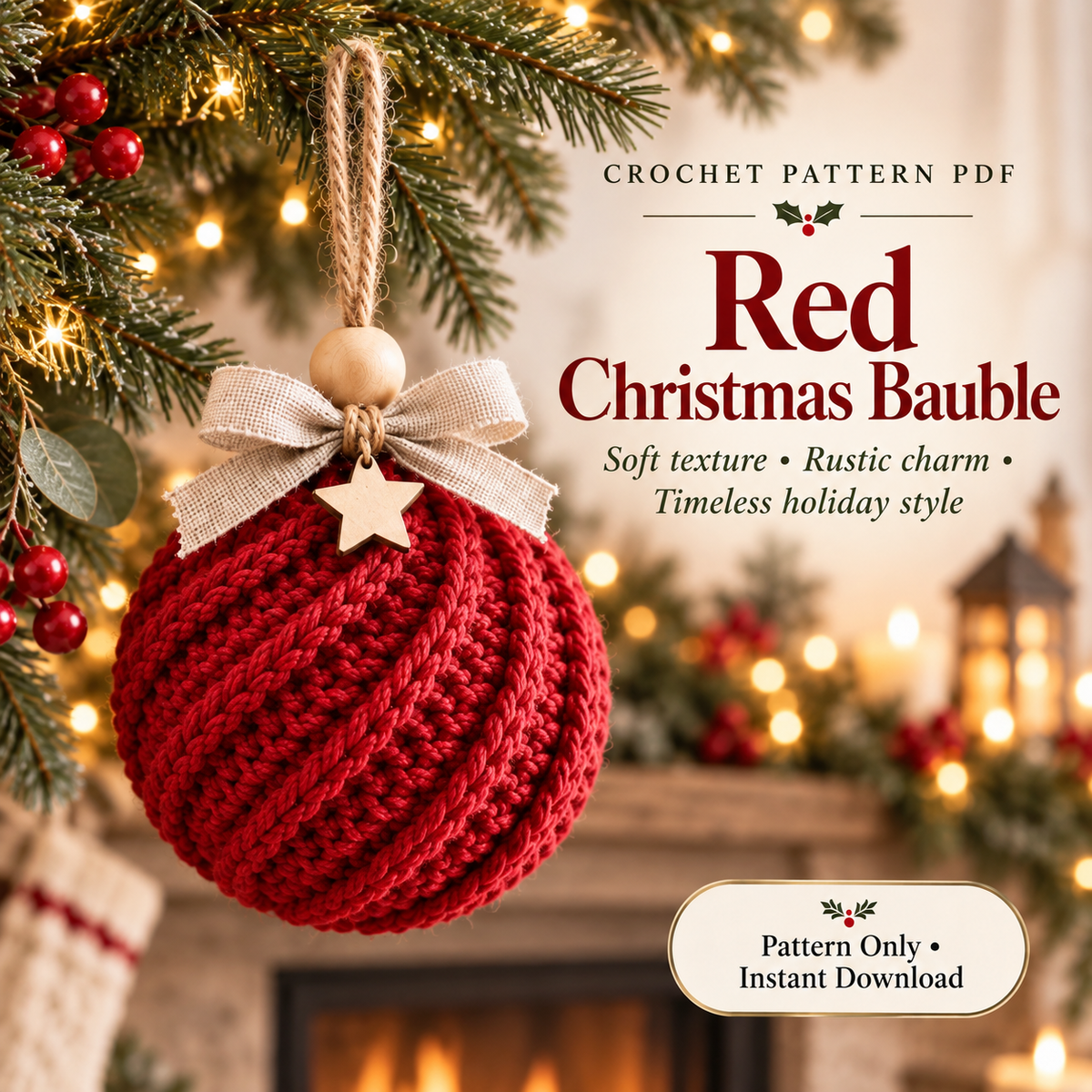 Crochet Christmas Bauble Pattern PDF | Twisted-Rib Tree Ornament with Wooden Bead & Linen Bow | Holiday Crochet Decor | Instant Download