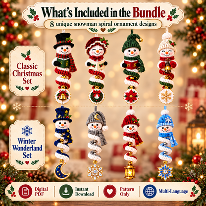 8 Snowman Wind Spinner Crochet Patterns PDF | Christmas Spiral Hanging Ornaments | Holiday Snowman Decor | 4 Languages Included