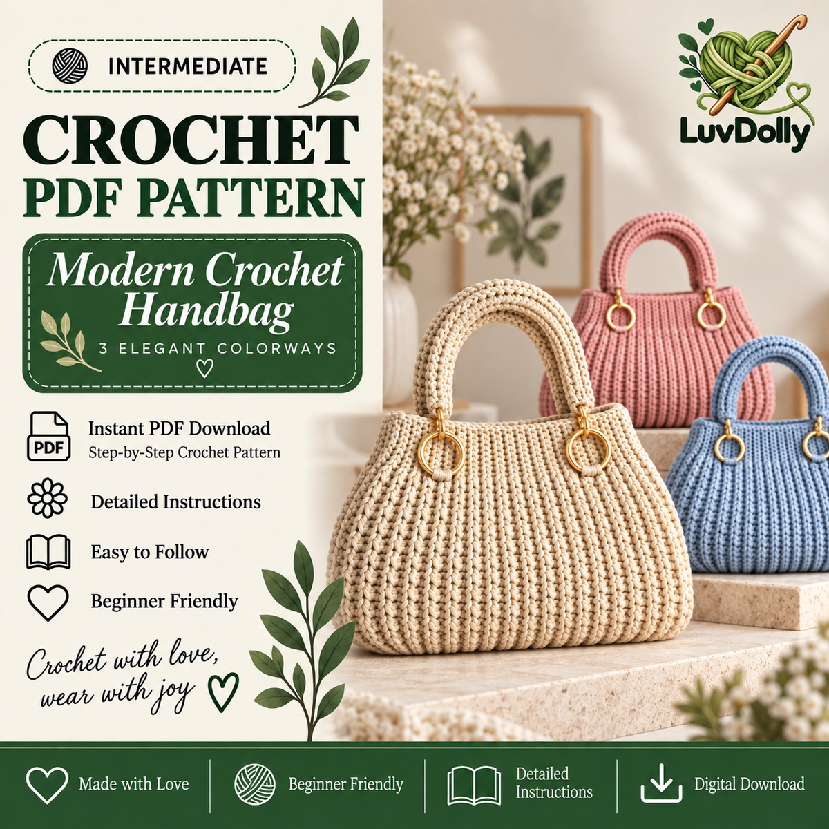 Modern Crochet Handbag Pattern PDF | Elegant Women’s Purse with Gold Ring Handles | 3 Colorways | Everyday Bag Digital Download