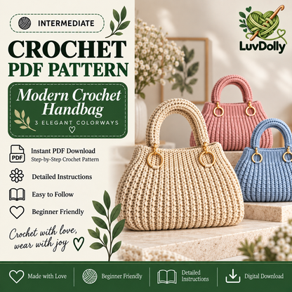 Modern Crochet Handbag Pattern PDF | Elegant Women’s Purse with Gold Ring Handles | 3 Colorways | Everyday Bag Digital Download