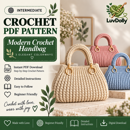 Modern Crochet Handbag Pattern PDF | Elegant Women’s Purse with Gold Ring Handles | 3 Colorways | Everyday Bag Digital Download