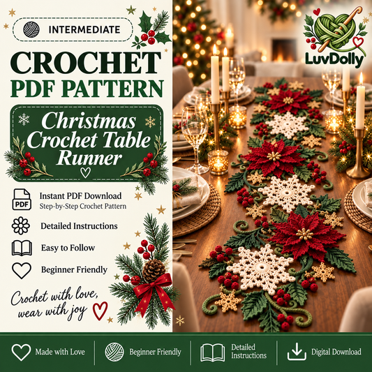 Christmas Table Runner Crochet Pattern PDF | 3D Poinsettia & Snowflake Holiday Decor | Festive Dining Table Centerpiece