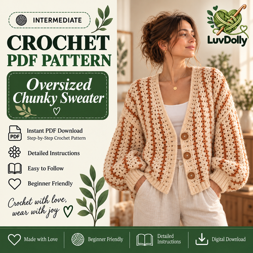 Oversized Crochet Cardigan Pattern PDF | Striped V-Neck Sweater | Cozy Balloon Sleeve Cardigan