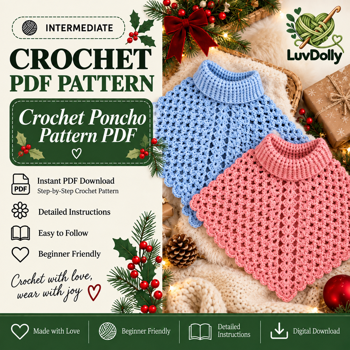 Crochet Poncho Pattern PDF | Women’s Turtleneck Lace Poncho | Beginner Friendly Capelet | 2 Color Options | Digital Download