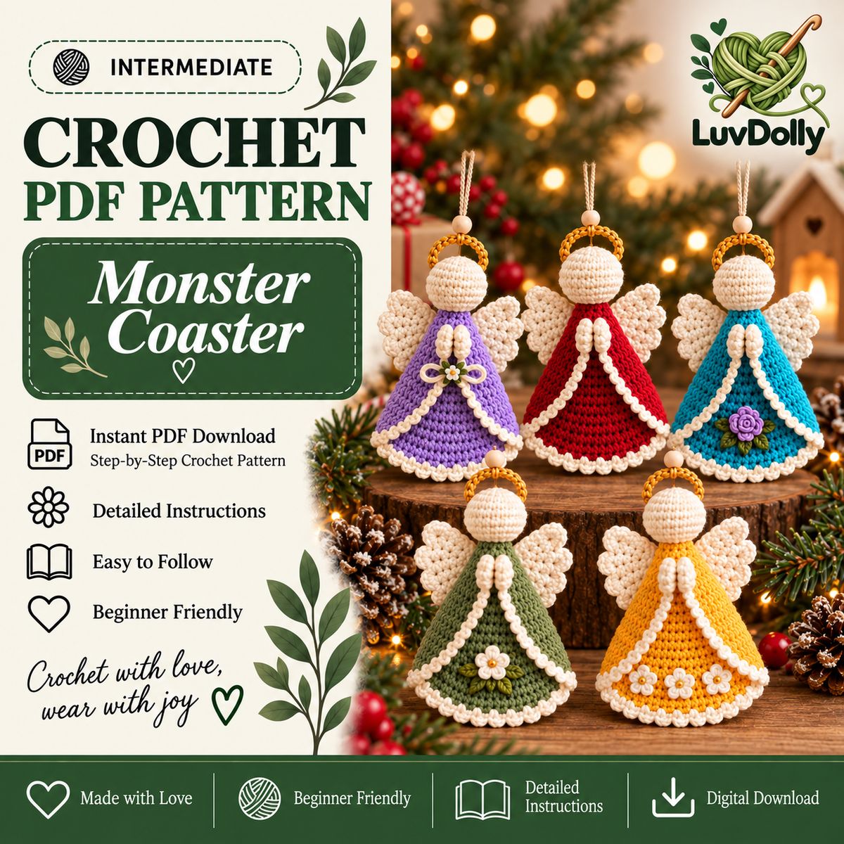 Christmas Angel Ornament Crochet Pattern PDF, 5 Crochet Angel Designs, Holiday Tree Decorations, Handmade Christmas Decor, Digital Download