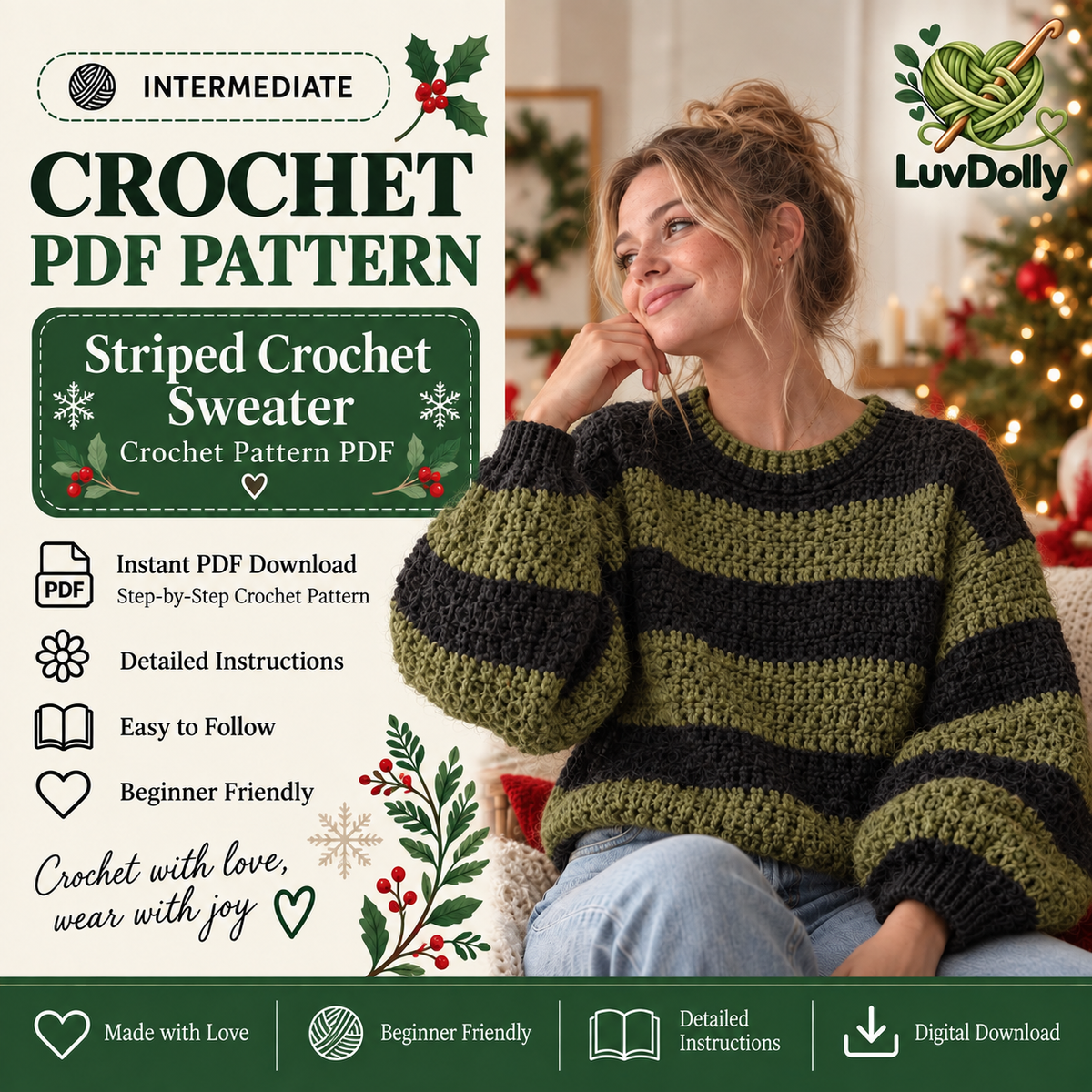Striped Crochet Sweater Pattern PDF | Oversized Pullover Crochet Pattern | Cozy Women’s Sweater | Beginner Friendly Digital Download
