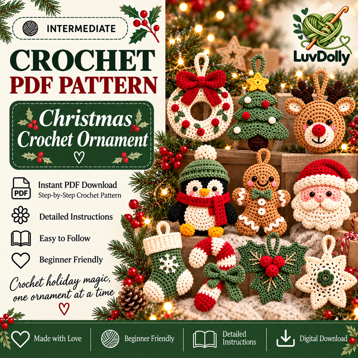 10-in-1 Christmas Crochet Ornament Pattern Bundle PDF | Santa, Reindeer, Penguin, Tree & Holiday Decorations | Digital Download