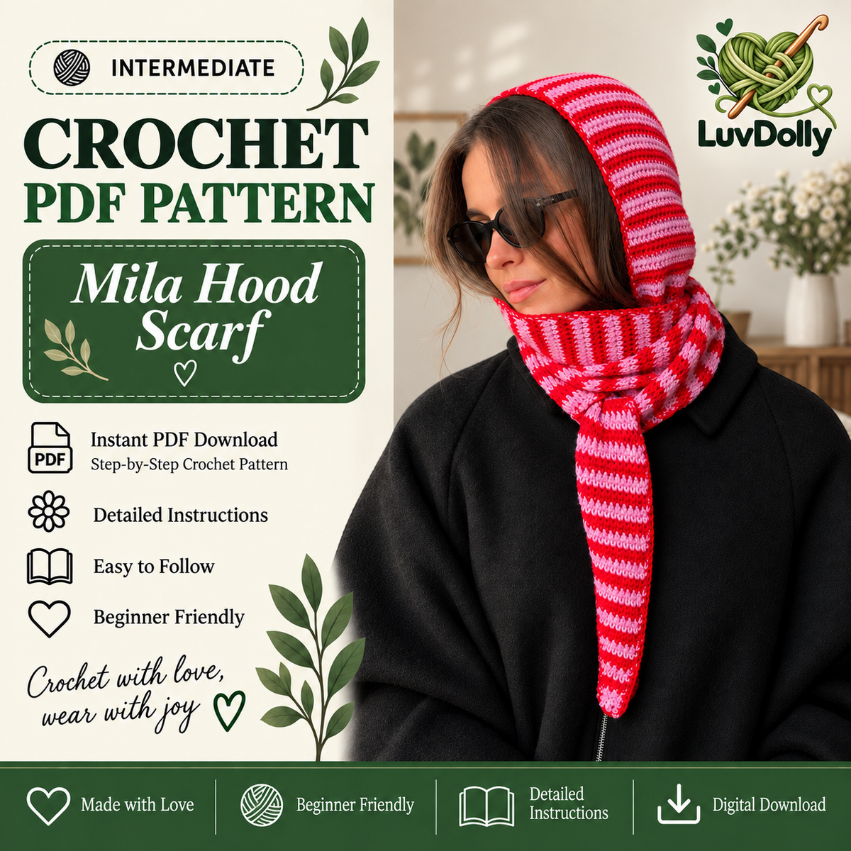 Mila Hood Scarf Crochet Pattern PDF | Hooded Scarf Crochet Pattern | Striped Crochet Hood & Neck Warmer | Cozy Winter Accessory | Digital Download
