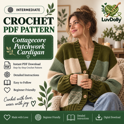 Cottagecore Patchwork Cardigan Crochet Pattern PDF | Oversized Color Block Sweater | V-Neck Balloon Sleeve Cardigan | Fall Crochet Pattern