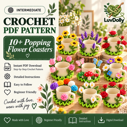 10+ Flower Mug Coaster Crochet Patterns PDF | Sunflower, Rose, Tulip & Lavender Designs | Floral Cup Decor Digital Download