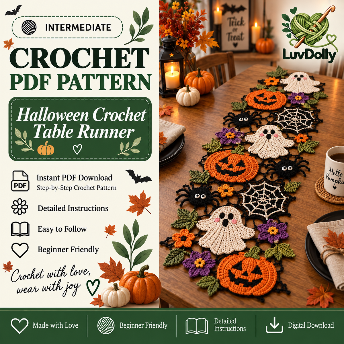 Halloween Crochet Table Runner Pattern PDF | Pumpkin Ghost Spider & Spiderweb Motifs | Spooky Fall Table Decor | Halloween Crochet Decoration