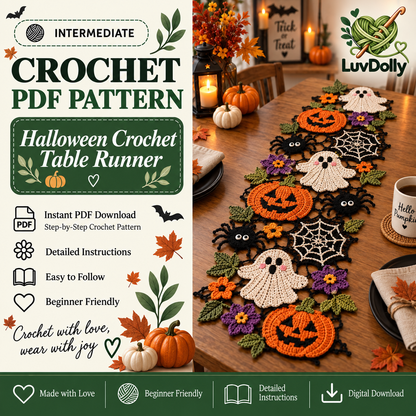 Halloween Crochet Table Runner Pattern PDF | Pumpkin Ghost Spider & Spiderweb Motifs | Spooky Fall Table Decor | Halloween Crochet Decoration