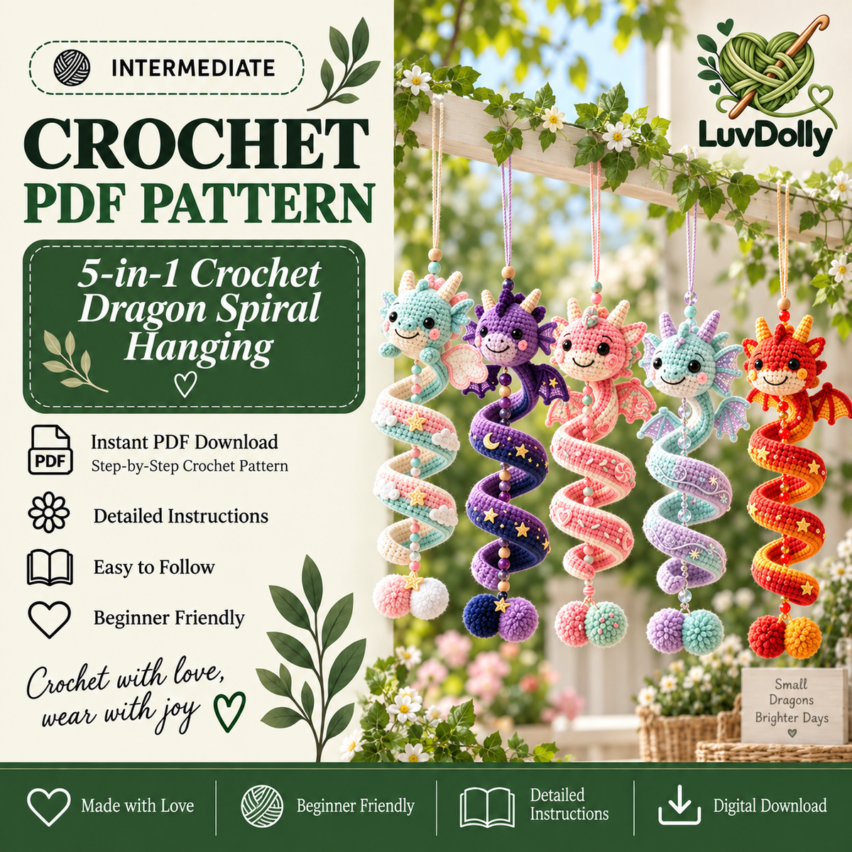5-in-1 Dragon Crochet Pattern Bundle PDF | Spiral Hanging Dragon Ornament | Cute Fantasy Amigurumi Decor | Beginner Friendly Digital Download