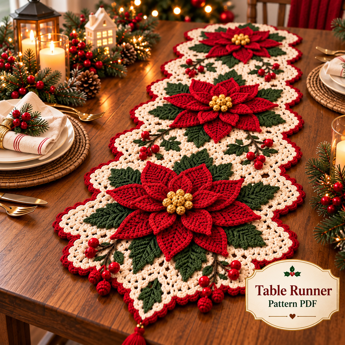 Poinsettia Christmas Crochet Pattern Bundle PDF | Table Runner, Mug Cozy & Coaster Set | Holiday Home Decor | Digital Download