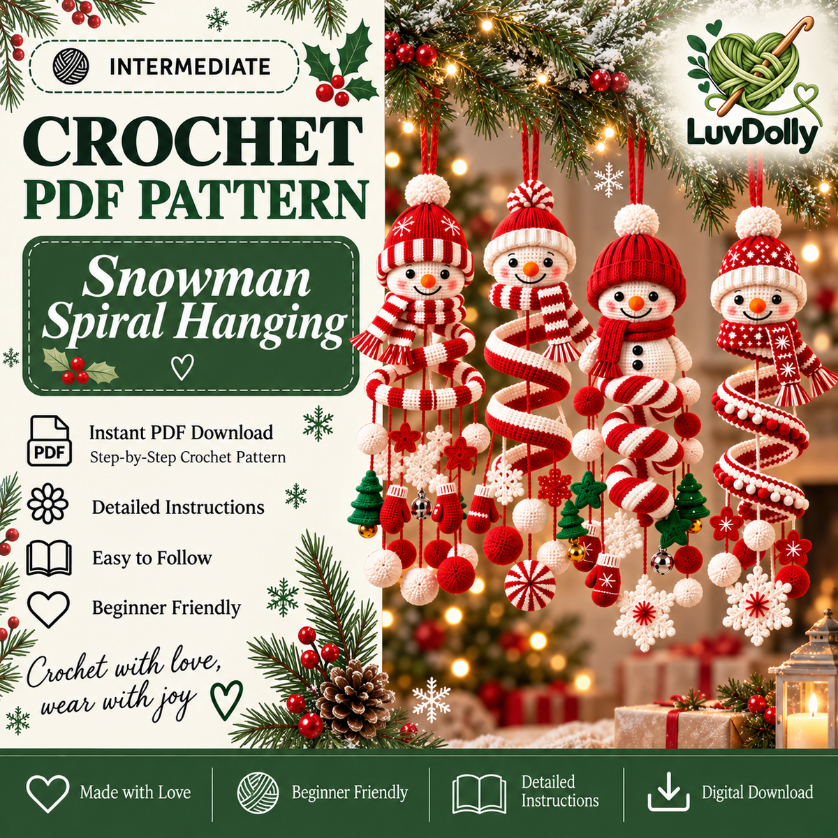 Snowman Spiral Hanging Crochet Pattern PDF | Christmas Snowman Ornament | Winter Amigurumi Mobile | Holiday Hanging Decor