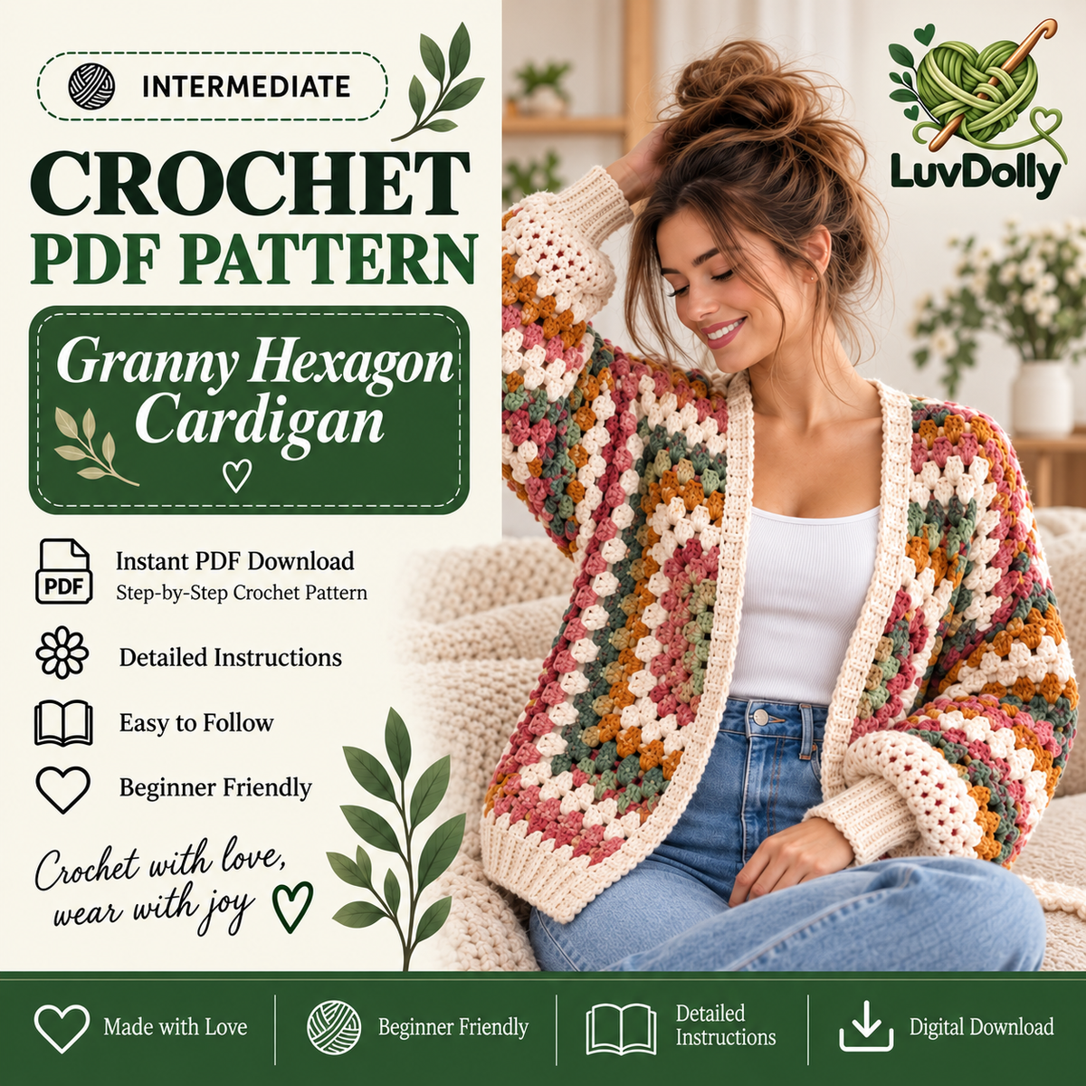 Granny Hexagon Cardigan Crochet Pattern PDF | Beginner Granny Stitch Sweater | Sizes XS–5XL | Boho Cardigan Digital Download
