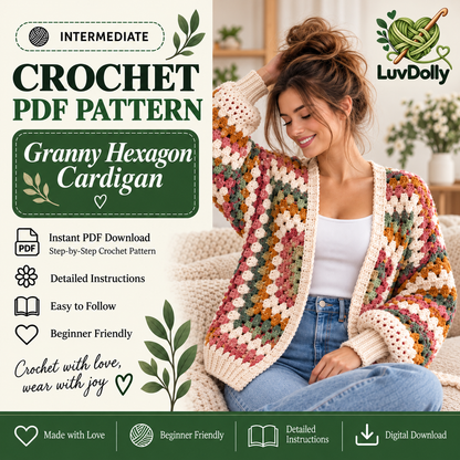Granny Hexagon Cardigan Crochet Pattern PDF | Beginner Granny Stitch Sweater | Sizes XS–5XL | Boho Cardigan Digital Download