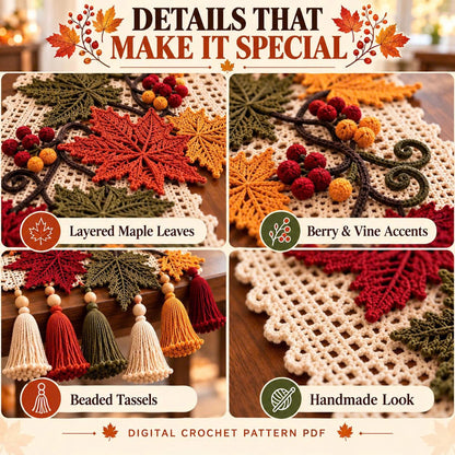 Autumn Maple Leaf Table Runner Crochet Pattern PDF | Fall & Thanksgiving Table Decor | Crochet Leaves, Berries & Tassels | Digital Download