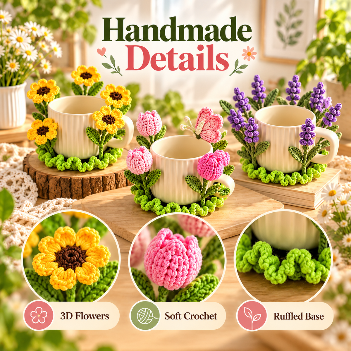 10+ Flower Mug Coaster Crochet Patterns PDF | Sunflower, Rose, Tulip & Lavender Designs | Floral Cup Decor Digital Download