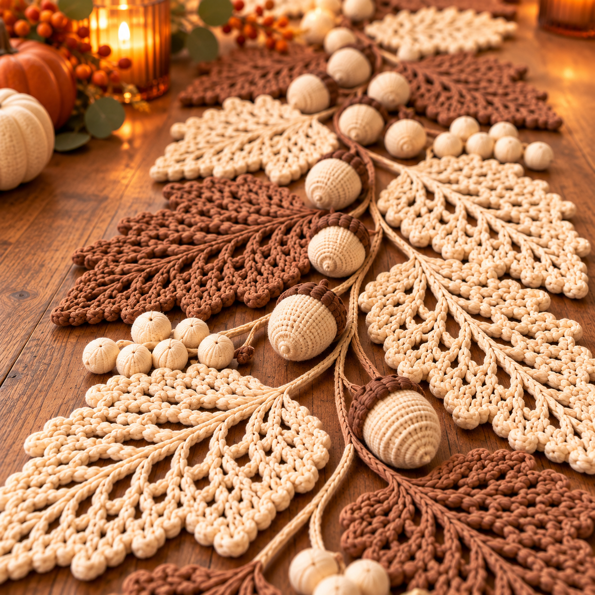 Autumn Leaf Table Runner Crochet Pattern PDF | Neutral Fall Garland with Leaves & Berries | Thanksgiving Farmhouse Decor | Digital Download