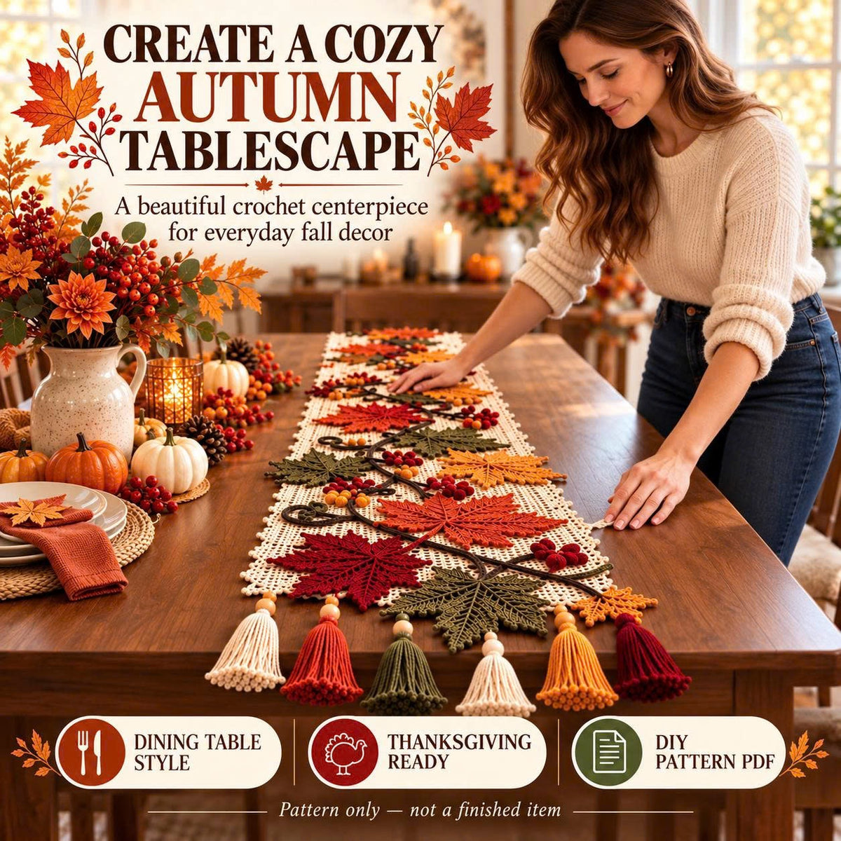 Autumn Maple Leaf Table Runner Crochet Pattern PDF | Fall & Thanksgiving Table Decor | Crochet Leaves, Berries & Tassels | Digital Download