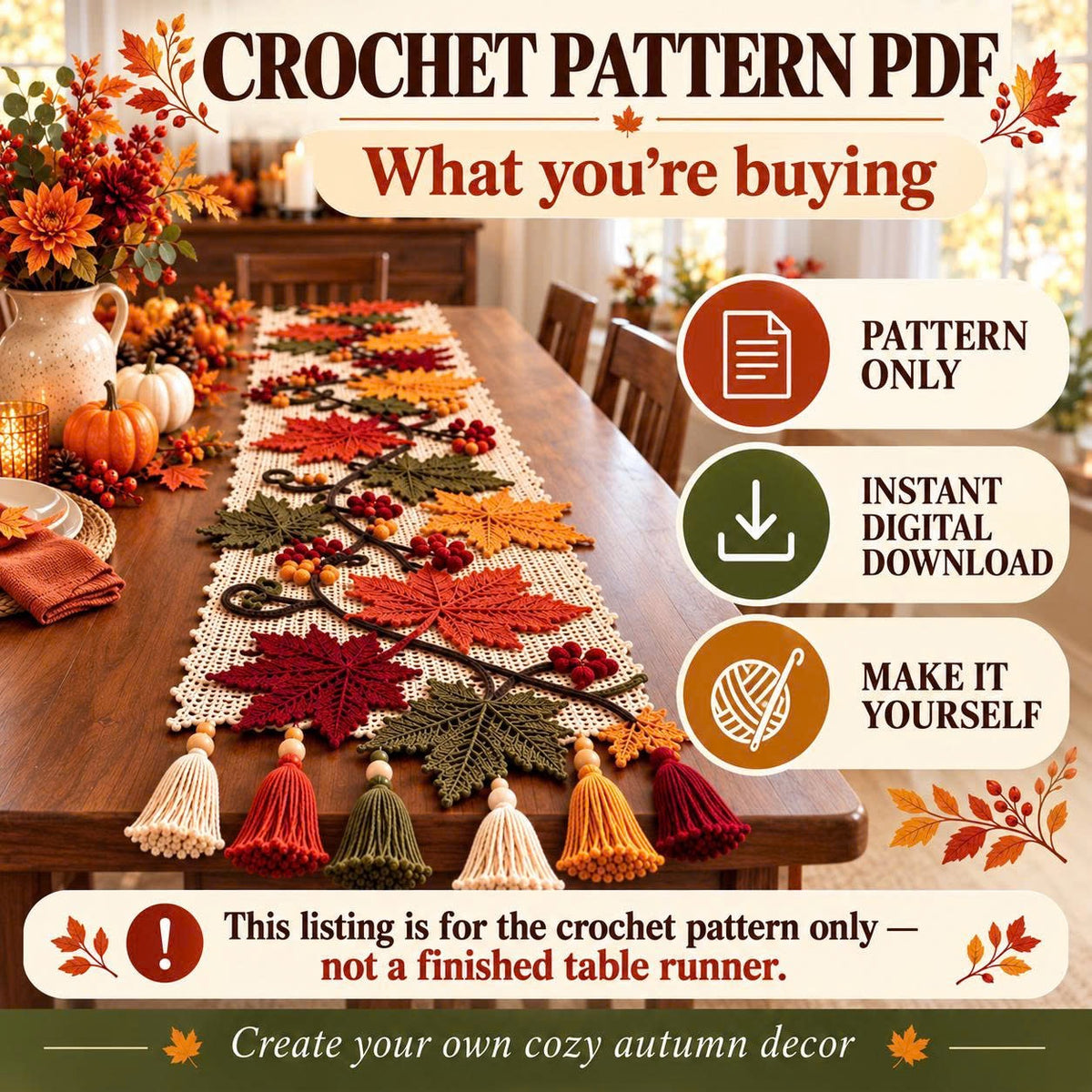 Autumn Maple Leaf Table Runner Crochet Pattern PDF | Fall & Thanksgiving Table Decor | Crochet Leaves, Berries & Tassels | Digital Download
