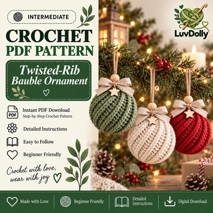 Crochet Christmas Bauble Pattern PDF | Twisted-Rib Tree Ornament with Wooden Bead & Linen Bow | Holiday Crochet Decor | Instant Download