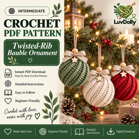 Crochet Christmas Bauble Pattern PDF | Twisted-Rib Tree Ornament with Wooden Bead & Linen Bow | Holiday Crochet Decor | Instant Download