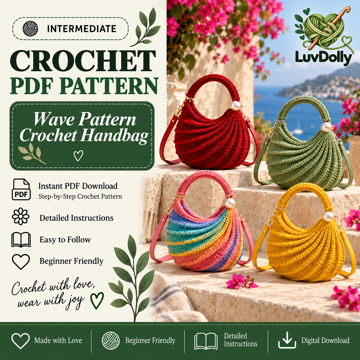 Wavy Handbag Crochet Pattern PDF | Textured Shoulder Bag Crochet Pattern | Easy DIY Purse with Video Tutorial | Beginner Friendly | Instant Download