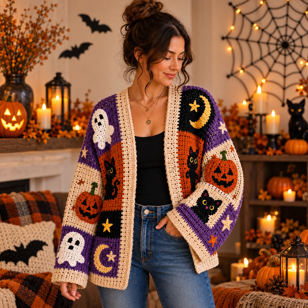 Halloween Granny Square Cardigan Crochet Pattern PDF | Spooky Patchwork Sweater | Pumpkin Ghost Cat Moon Crochet Cardigan | Sizes XS–8XL | Digital Download