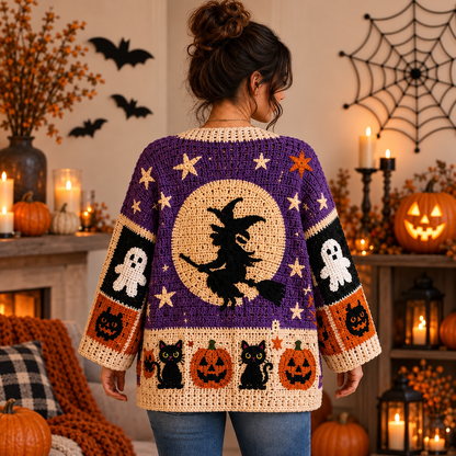 Halloween Granny Square Cardigan Crochet Pattern PDF | Spooky Patchwork Sweater | Pumpkin Ghost Cat Moon Crochet Cardigan | Sizes XS–8XL | Digital Download