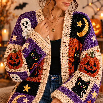 Halloween Granny Square Cardigan Crochet Pattern PDF | Spooky Patchwork Sweater | Pumpkin Ghost Cat Moon Crochet Cardigan | Sizes XS–8XL | Digital Download