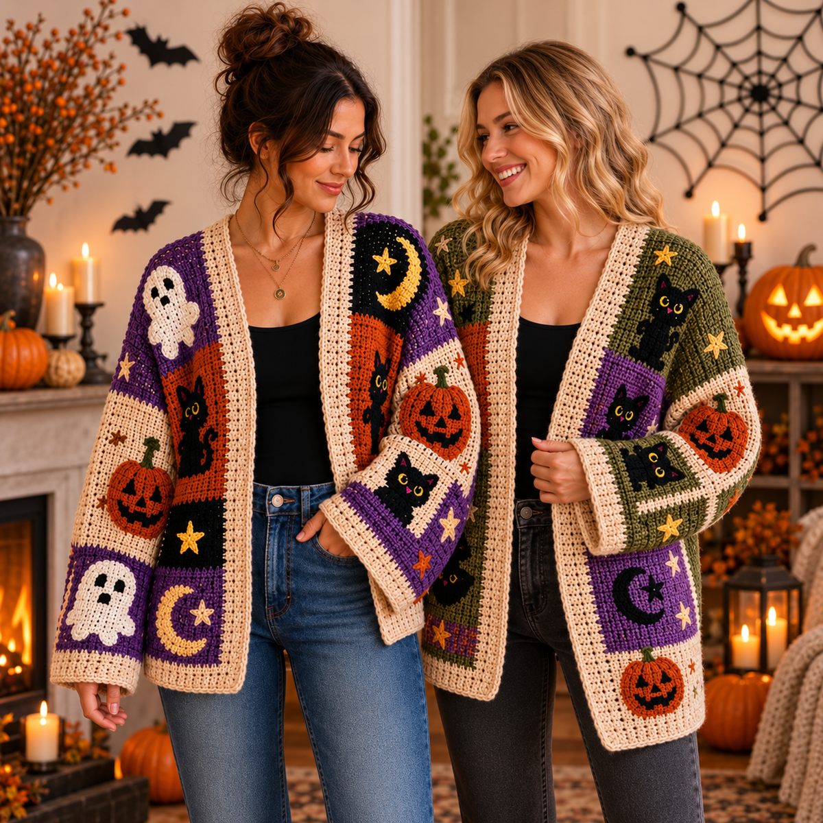 Halloween Granny Square Cardigan Crochet Pattern PDF | Spooky Patchwork Sweater | Pumpkin Ghost Cat Moon Crochet Cardigan | Sizes XS–8XL | Digital Download