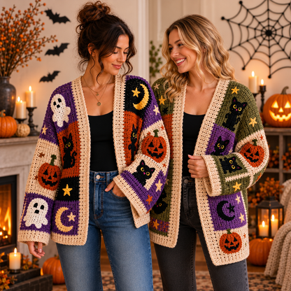 Halloween Granny Square Cardigan Crochet Pattern PDF | Spooky Patchwork Sweater | Pumpkin Ghost Cat Moon Crochet Cardigan | Sizes XS–8XL | Digital Download