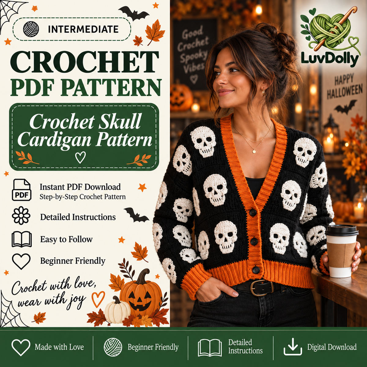 Crochet Skull Cardigan Pattern PDF | Gothic Halloween Sweater | Skull Motif Crochet Cardigan | Spooky Fall Clothing Pattern | Digital Download