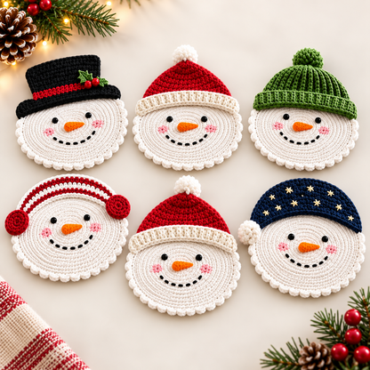 6-in-1 Christmas Snowman Coaster Crochet Pattern PDF | Holiday Mug Coaster Set | Beginner Friendly Christmas Crochet Pattern | Digital Download