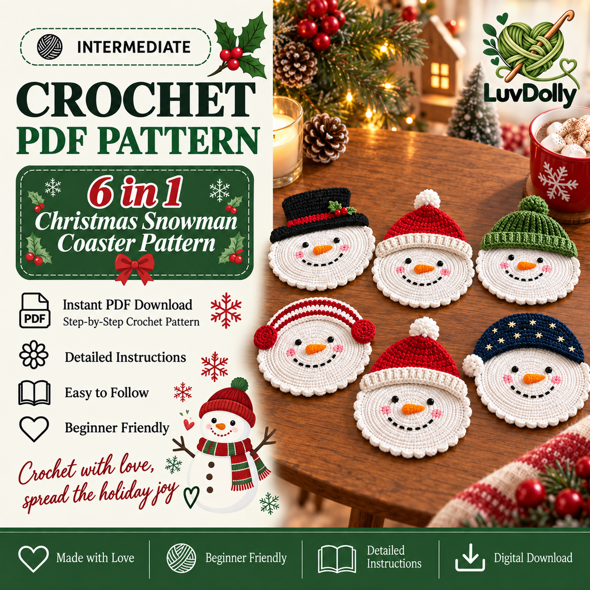 6-in-1 Christmas Snowman Coaster Crochet Pattern PDF | Holiday Mug Coaster Set | Beginner Friendly Christmas Crochet Pattern | Digital Download