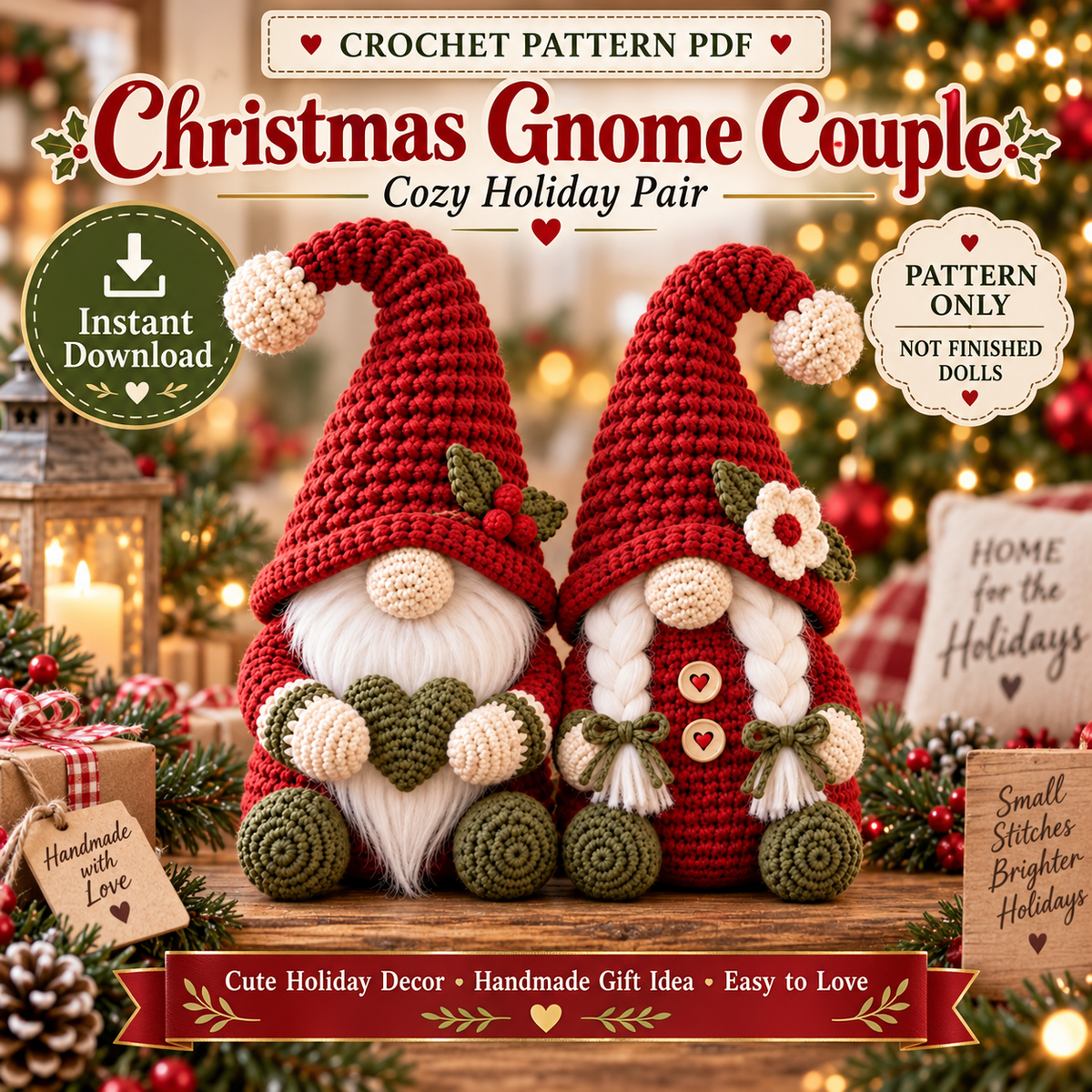 Christmas Gnome Couple Crochet Pattern PDF | Male & Female Amigurumi Shelf Sitters | Holiday Home Decor | Instant Digital Download